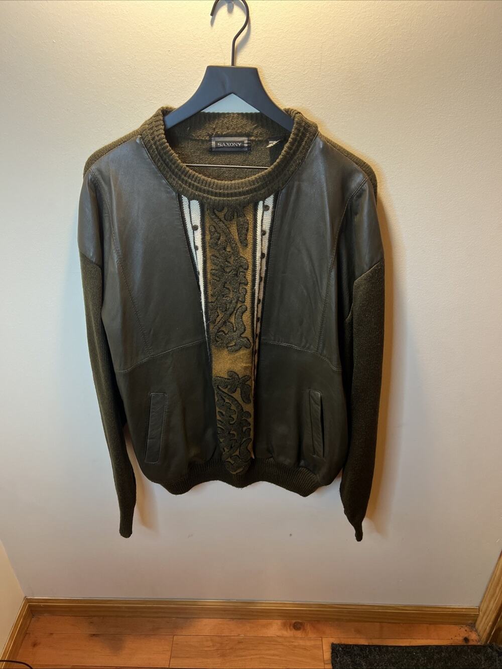 Vintage Saxony Genuine Leather And Acrylic/ Nylon Sweater /Jacket Pockets
